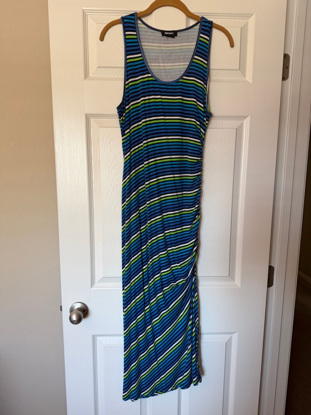 DKNY Blue, Green & Black Striped Sleeveless Maxi Dress